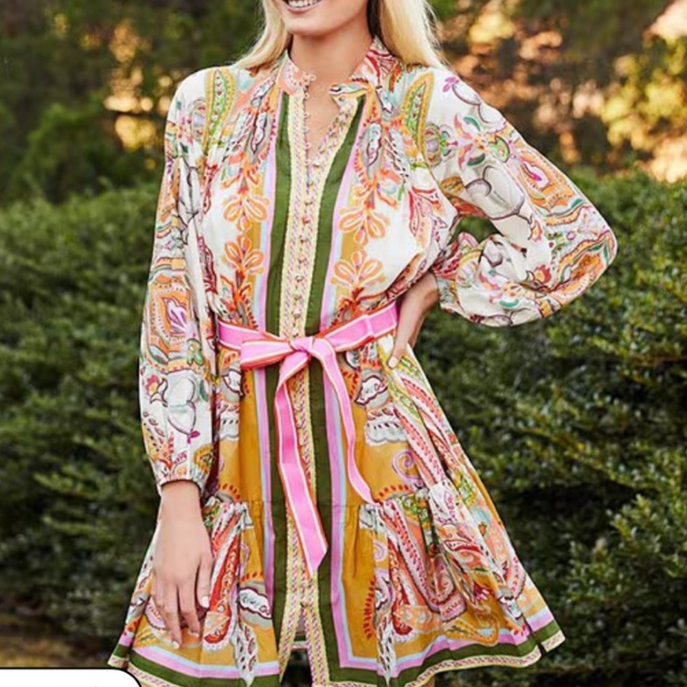 Antonio Melani Brynn Pink Floral Long Sleeve Belted Button Front Dress